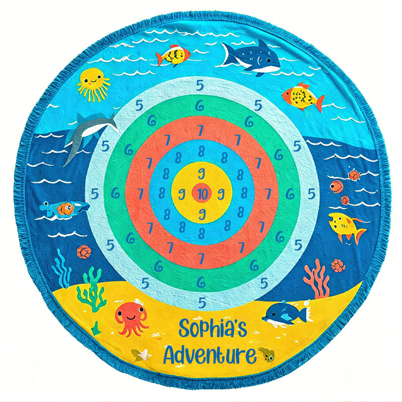 Personalized Round Ocean Target Game Beach Towel  Kids Play & Learn Mat with Cute Sea Animals Custom Name Summer Gift