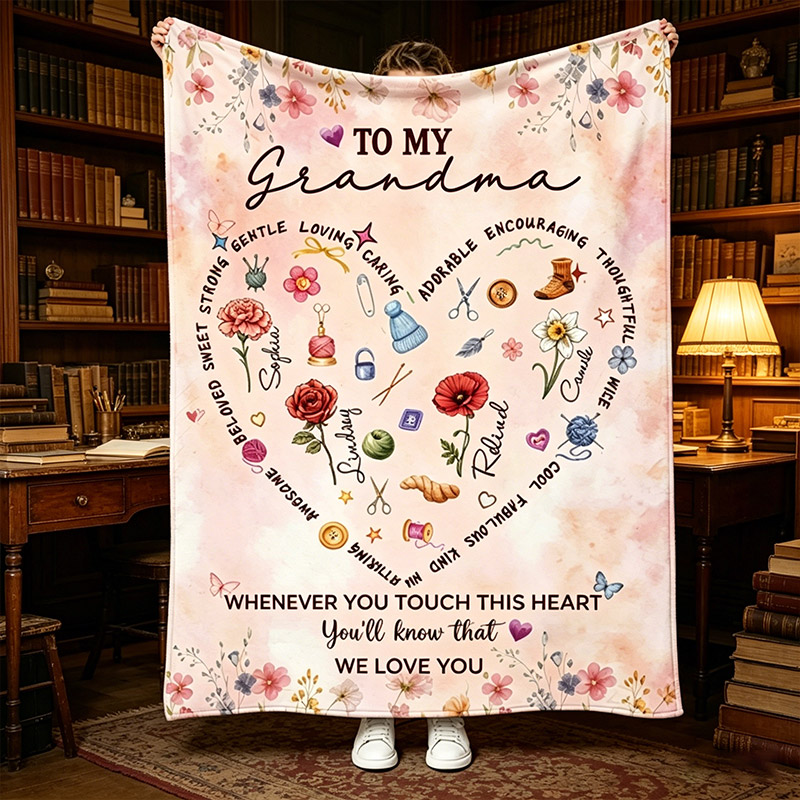 Personalized Grandma Blanket with Birthflower Knitting Lover Blanket Mother's Day Gift Nana Birthday Gift