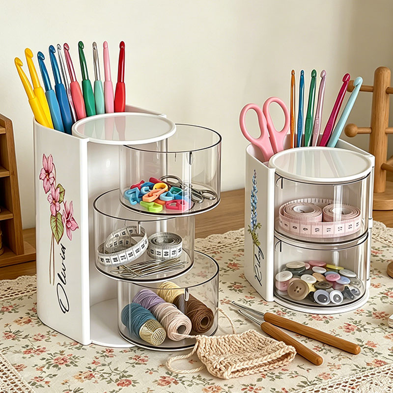 Rotary Crocheting Tools Storage Box Transparent Dust Multi Layer Square Crochet Tools Storage Rack