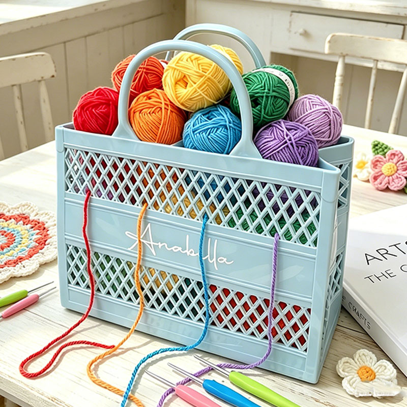 Personalized Hollow Crochet & Yarn Storage Bag Portable Handle Large Capacity Waterproof Solid Color PVC Tote Handbag Craft Yarn Sewing Organizer Basket