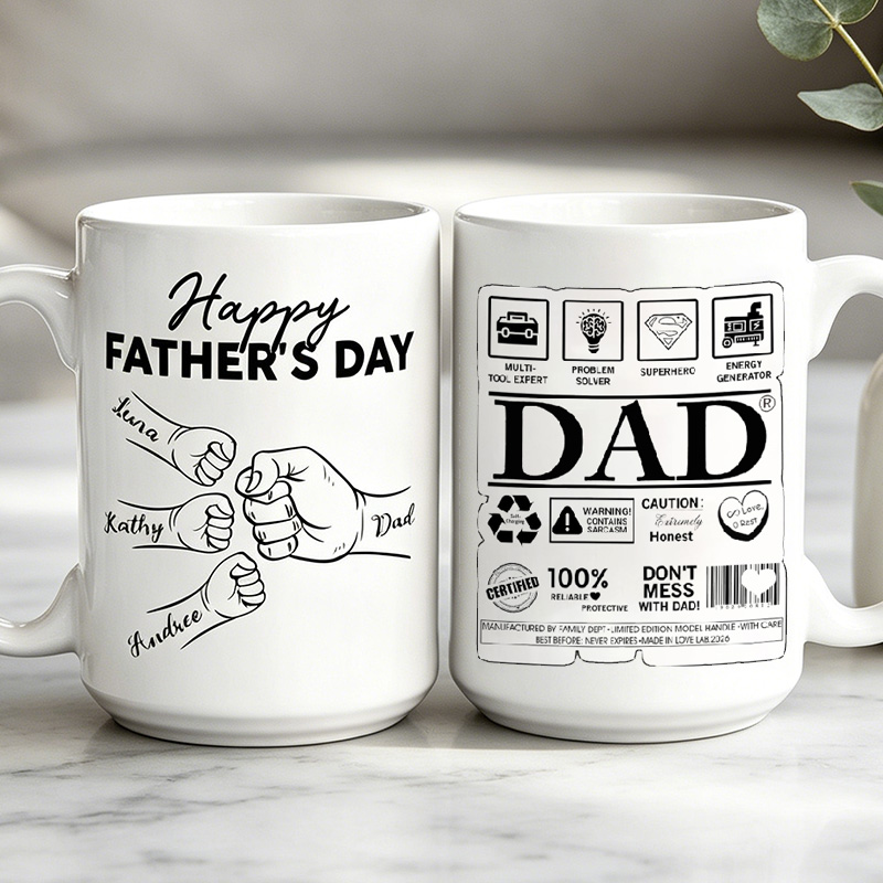 Personalized Happy Father's Day 11 oz 15 oz Ceramic Mug with 1-6 Names Custom Dad Mug Father's Day Gifts for Dad Grandpa
