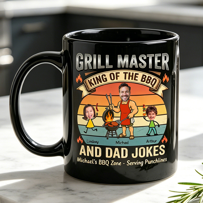 Personalized Grill Master Mug King of The BBQ And Dad Jokes Custom 11 oz Ceramic Mug with Kids Photos Father's Day Gifts for Dad