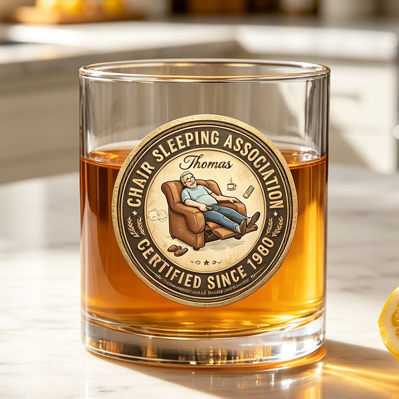 Personalized Chair Sleeping Association Certified with Photo Whiskey Glass for Dad Grandpa Custom Glass with Name Father's Day Gifts for Him