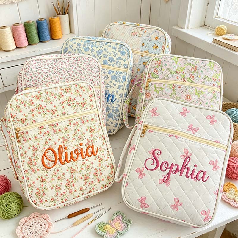 Pedsonalized Crochet Tool Storage Bag with Embroidery Name Quilted Floral Knitting Bag Needle Storage Bag Sewing Project Organizer Gift for knitter