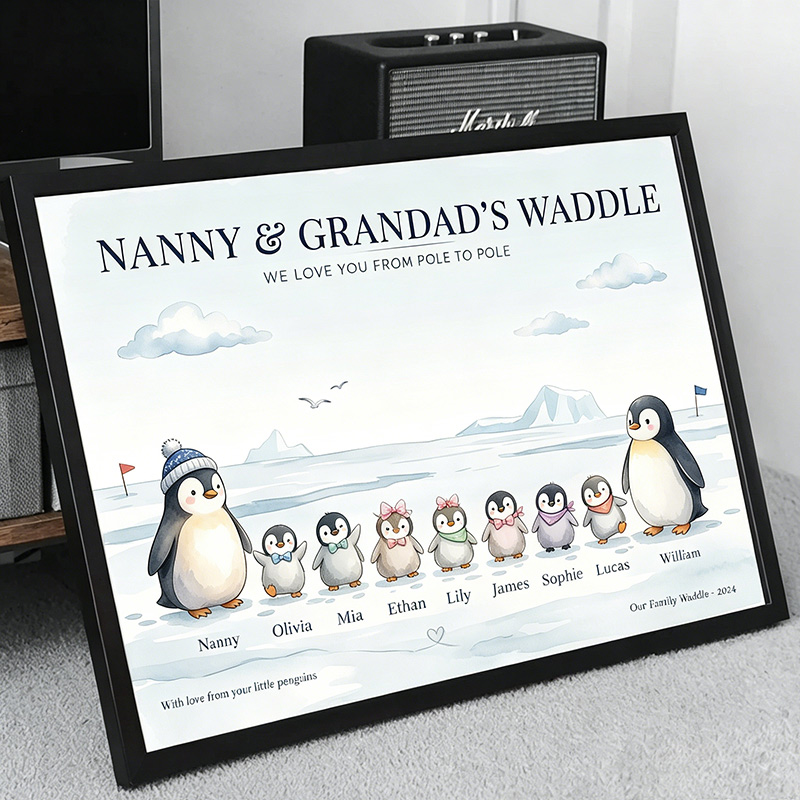 Personalized Penguin Family Poster Frameless Framed Painting with 2-10 Names Home Decor Birthday Mother's Day Father's Day Gift for Mom Dad