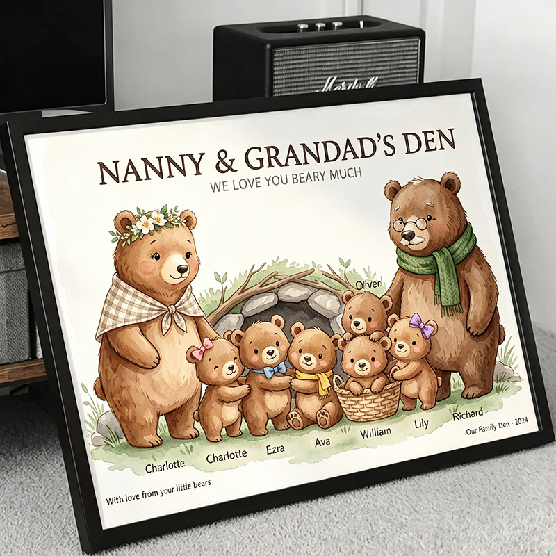 Personalized Bear Family Poster Frameless Framed Painting with 1-9 Kids Names Home Decor Birthday Mother's Day Father's Day Gift for Mom Dad