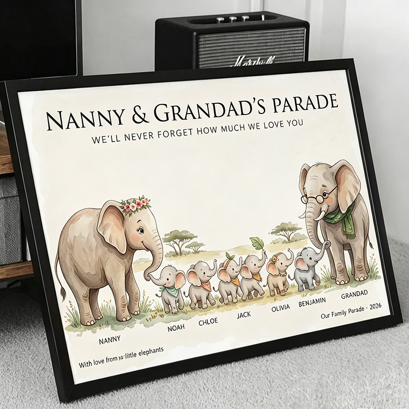 Personalized Elephant Family Poster Frameless Framed Painting with 1-9 Kids Names Home Decor Birthday Father's Day Gift for Papa
