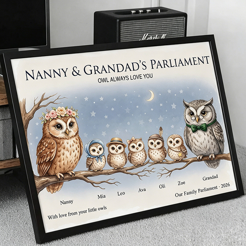 Personalized Owl Family Poster Frameless Framed Painting with 1-9 Kids Names Home Decor Birthday Father's Day Gift for Papa