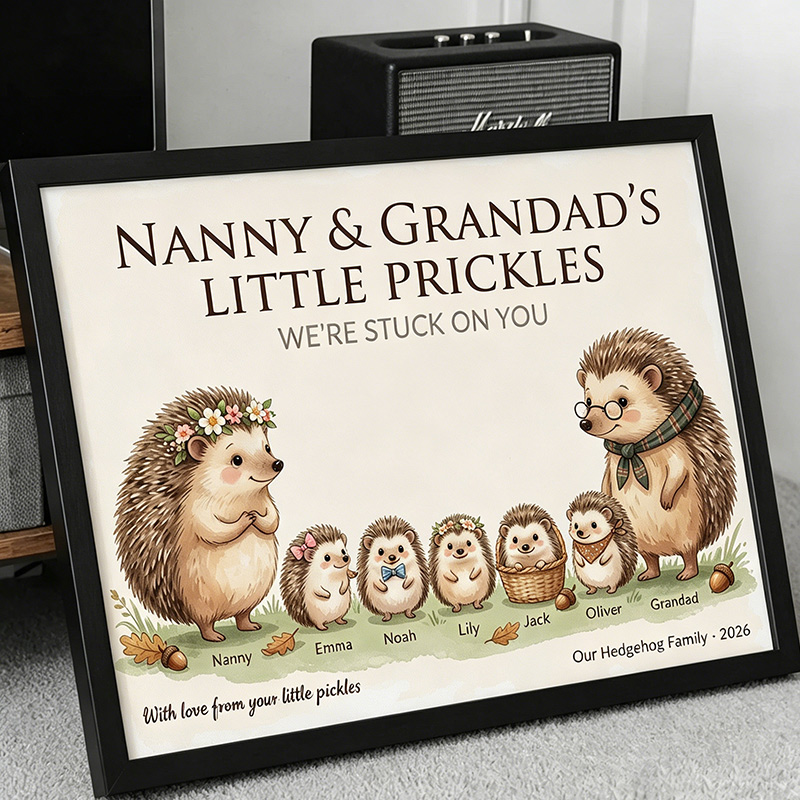 Personalized Hedgehog Family Poster Frameless Framed Painting with 1-9 Kids Names Home Decor Birthday Father's Day Gift for Papa Family Gift