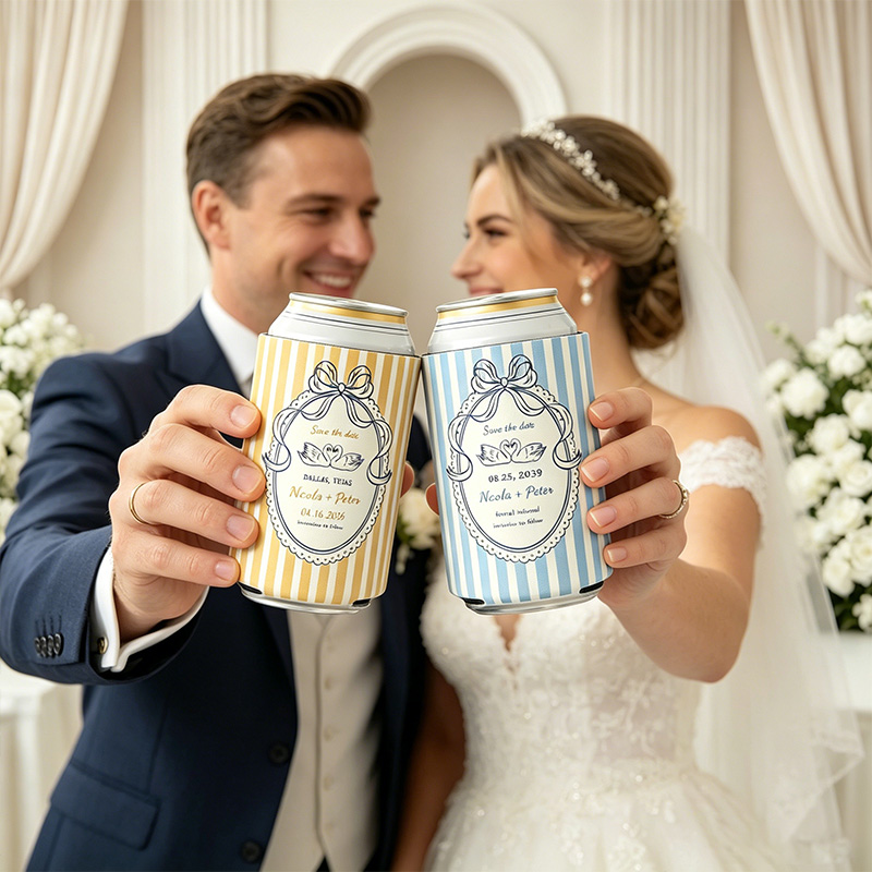Personalized Multicolor Watercolor Striped Beer Can Cooler Sleeve with Name Title and Date Wedding Party Gift for Newlyweds