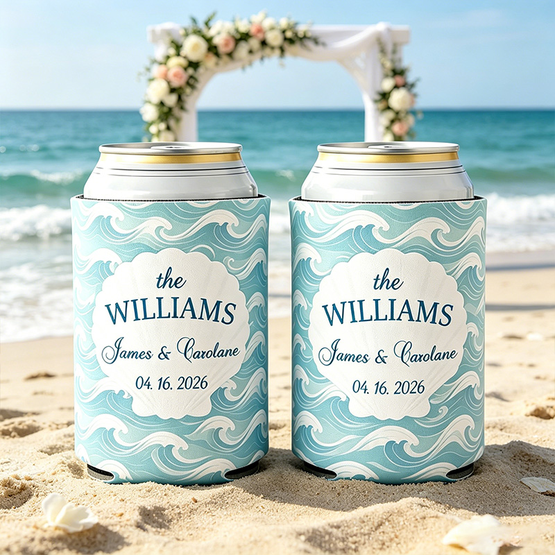 Personalized Ocean Theme Striped Beer Can Cooler Sleeve with Name Title and Date Wedding Party Gift for Newlyweds