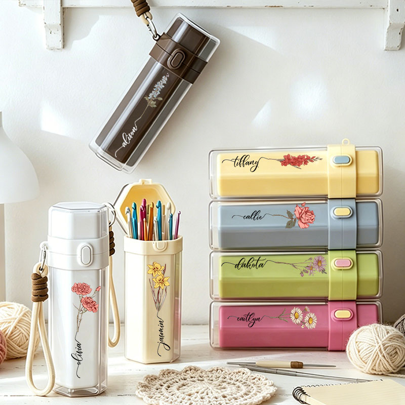 Personalized Corduroy Capsule Style Crochet Tool Organizer Plastic Custom Name with Birth Flower Snap Closure Storage Case Multifunctional Crochet Kit with Lanyard