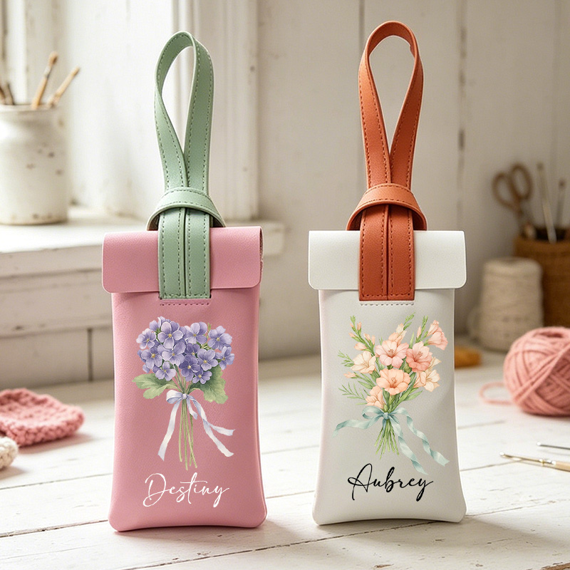 Personalized Crochet Tool Organizer Leather Custom Name with Birth Flower Bouquet Storage Case Multifunctional Crochet Kit with Lanyard