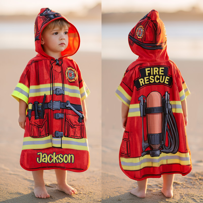 Personalized Firefighter Suit Helmet Hose Fire Rescue Truck Role Play Kids Swim Cover Up Quick Dry Hooded Beach Towel
