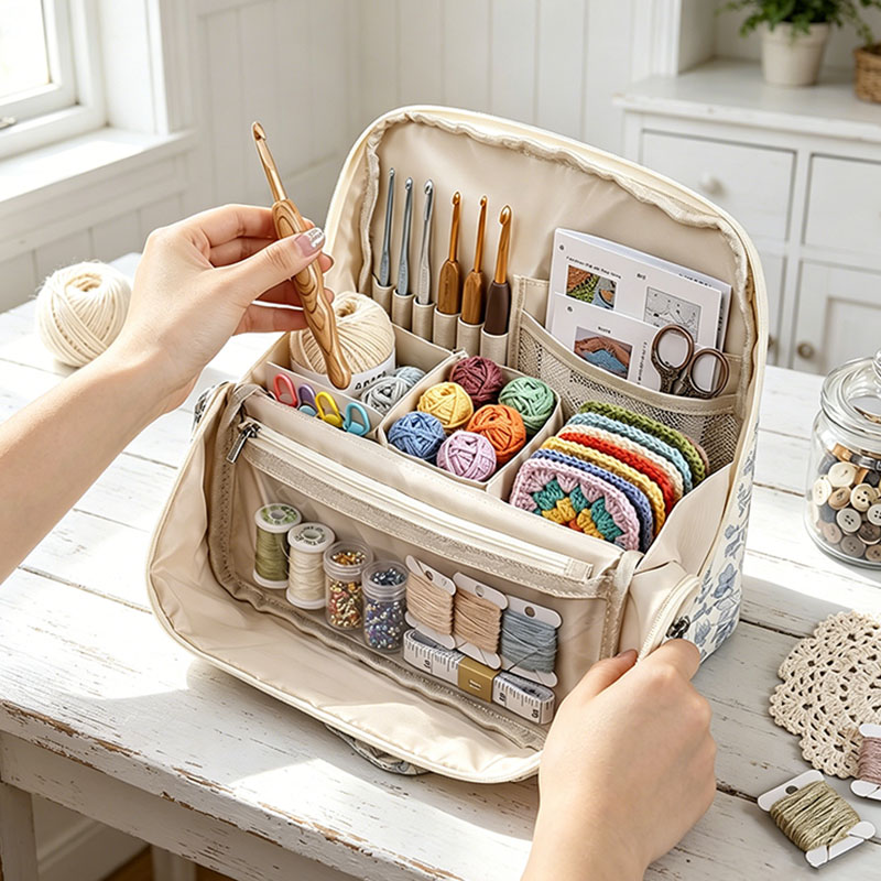 Personalized Embroidered Crochet Tool Storage Bag Custom Large Floral Crochet Tool Storage Bag Multi-Compartment Portable Travel Storage Bag for Women