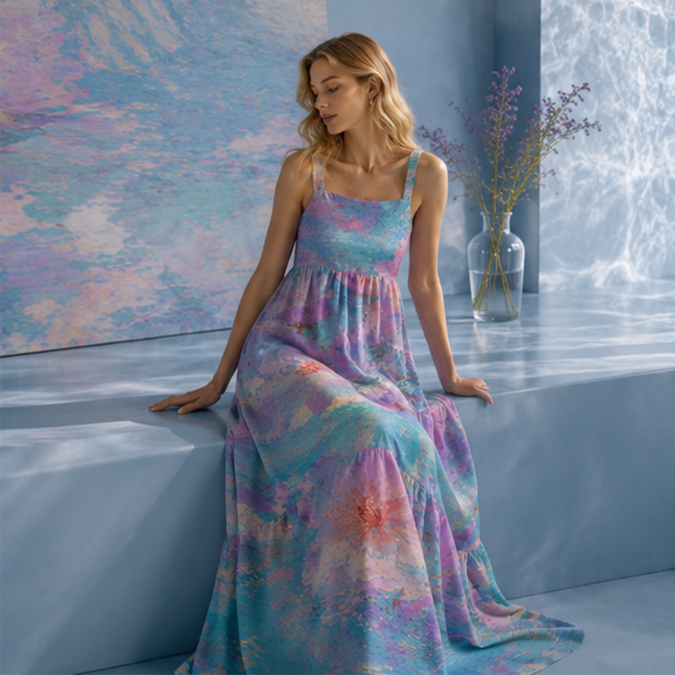 Oil Painting Pink Floral Impressionist Printed Maxi Dress