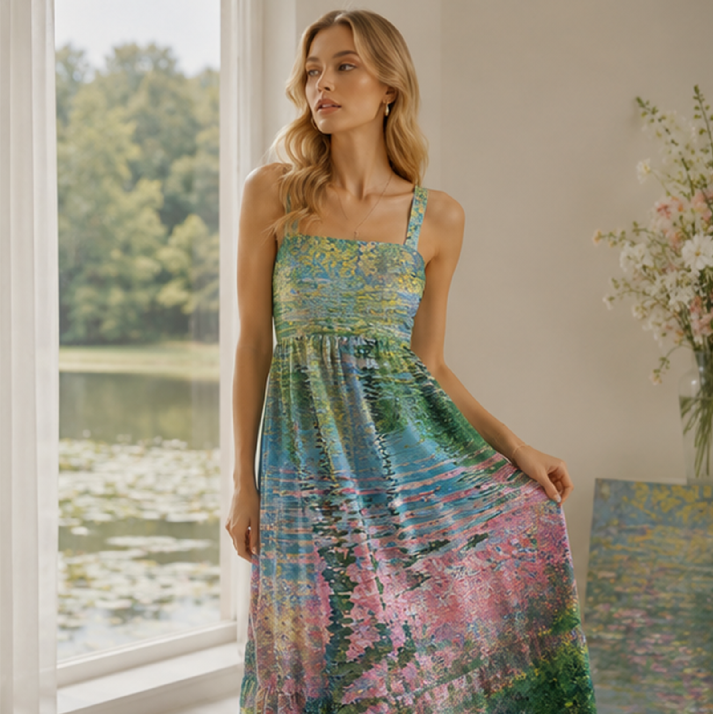 Oil Painting Natural View Green Floral Maxi Dress