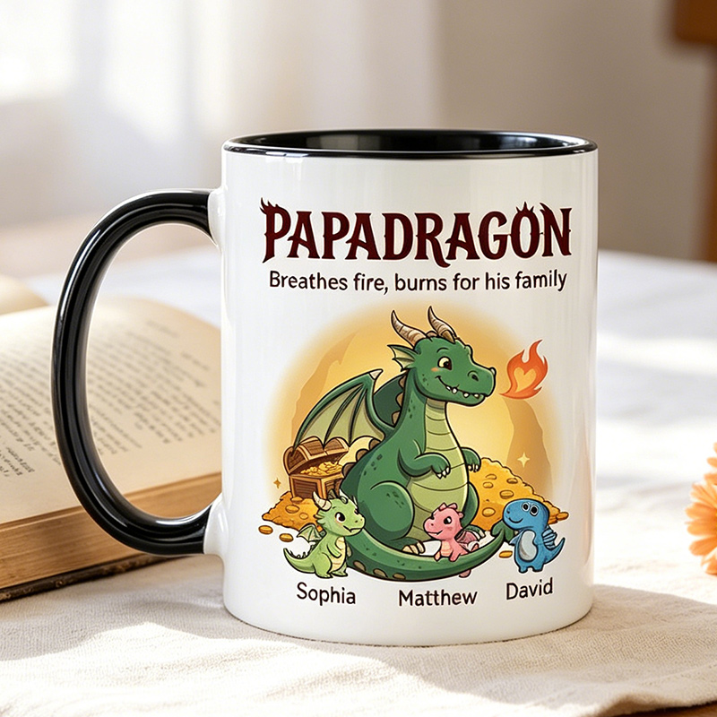 Personalized Papadragon Dragonlings under His Protection 11 oz Ceramic Mug with 1-6 Names Father's Day Gifts for Grandpa Papa Birthday Gift for Him