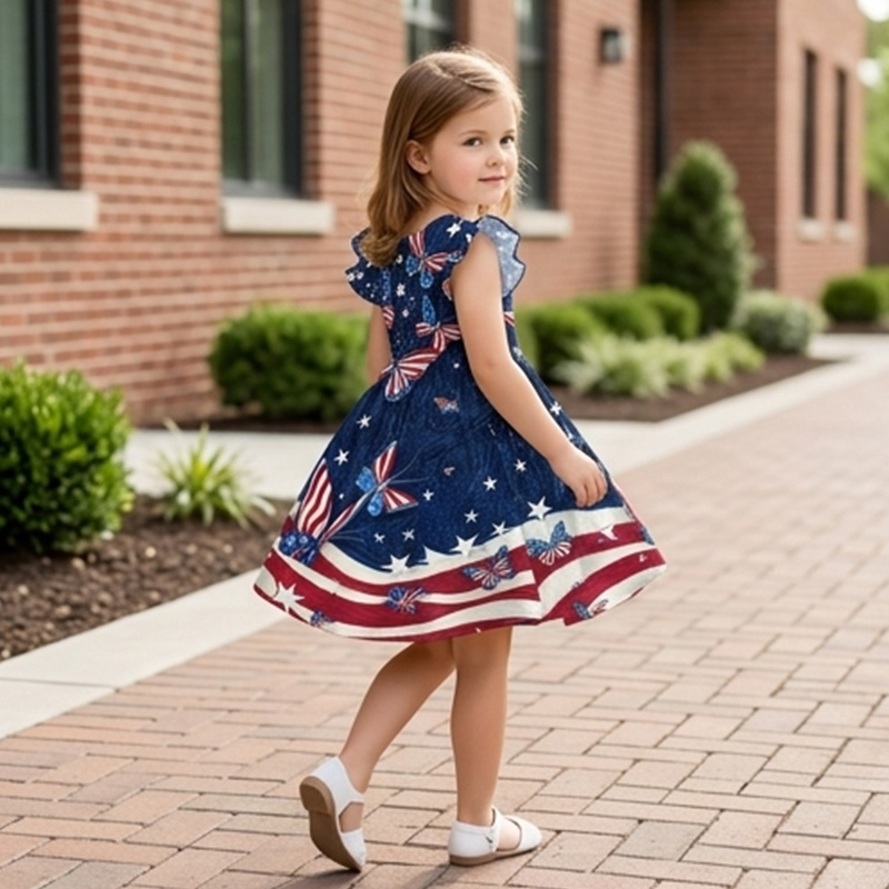 Personalized Patriotic Stars And Stripes USA Flag Print Girls Fourth Of July Red White Blue America 250th Anniversary Coquette Ruffle Dress