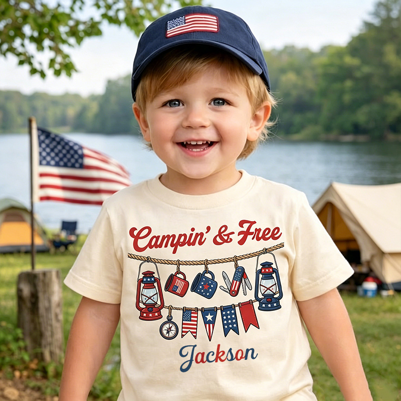 Personalized Campin And Free Patriotic Camping Lantern Tent Smores USA Flag Summer Adventure Outdoors Kid Shirt