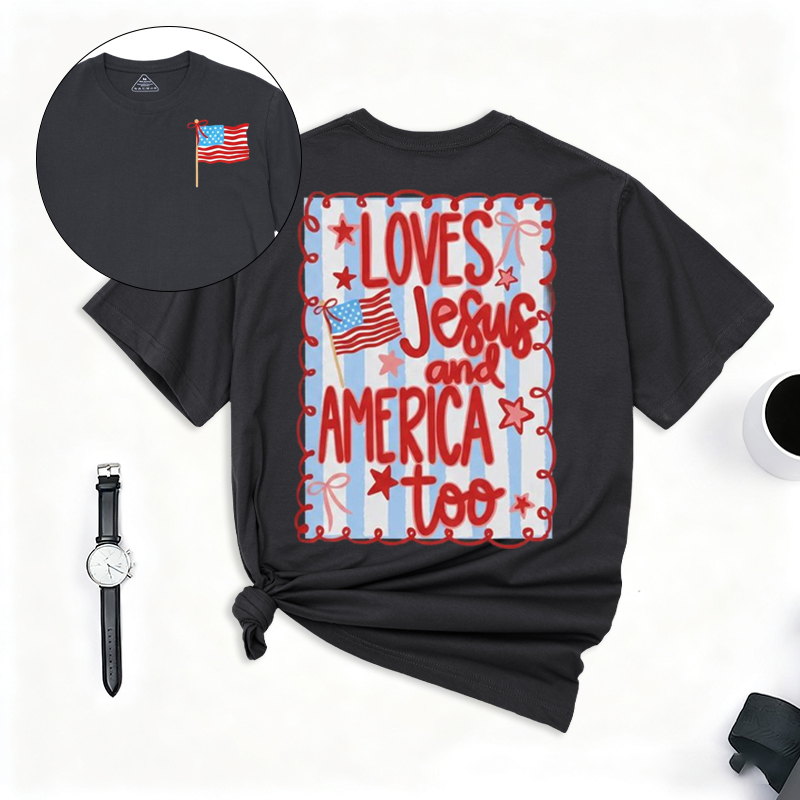 250th USA Anniversary T-Shirt Loves Jesus and America Too 4th of July Patriotic Coquette Bow Tee American Flag  