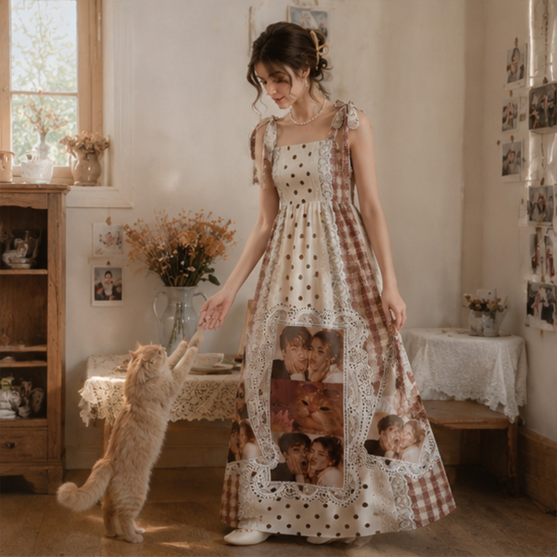 Personalized Photo Print Maxi Dress Tie-Shoulder Custom Name and Photo Summer Vacation Dress Vintage Lace Print Dress Gift for Girlfriend