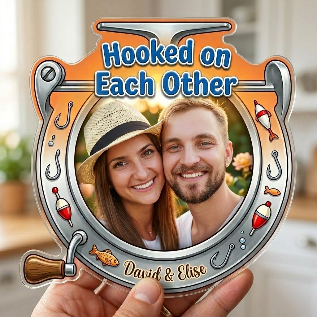 Personalized Hooked On Each Other Couple Photo Fridge Magnet Custom Couple Gift with Names Anniversary Gift for Her Him Fishing Lovers Gift