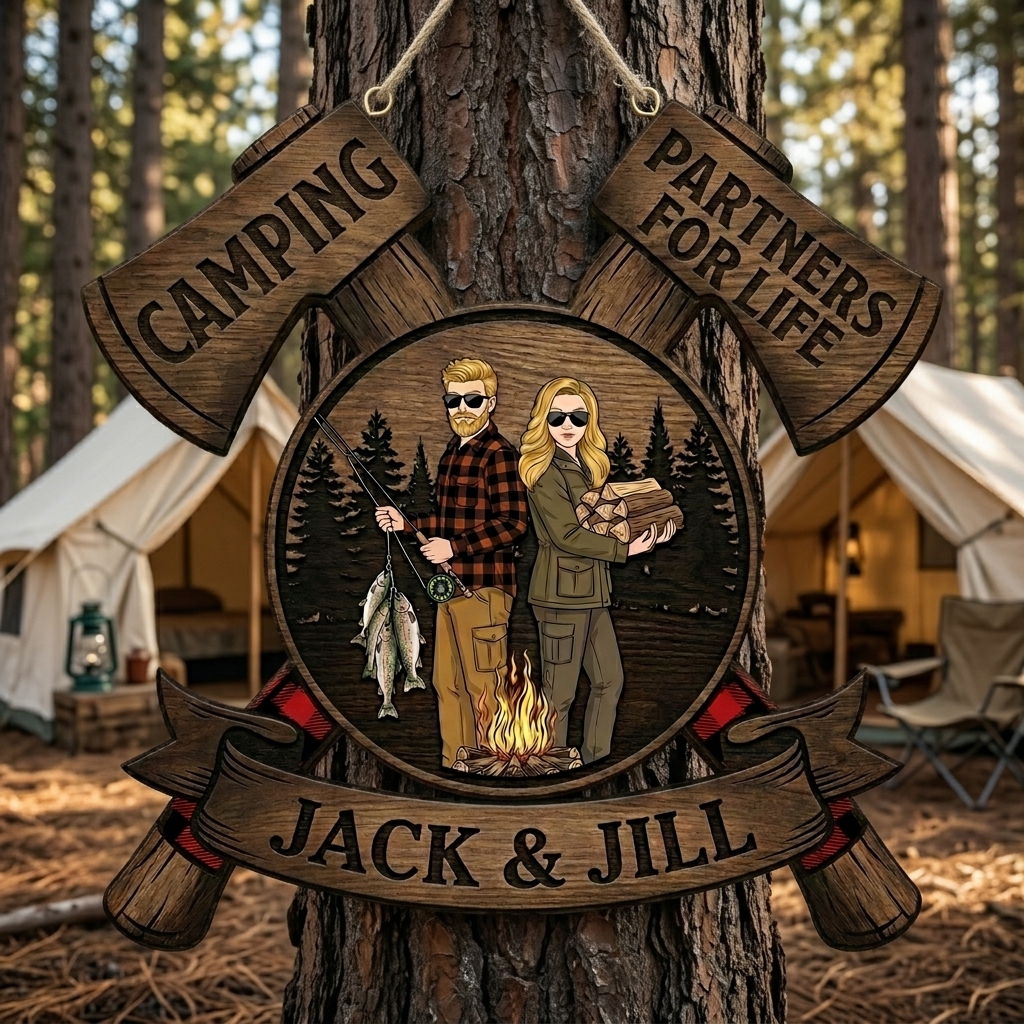 Personalized Camping Partners for Life Couple Camping Sign with Names Acrylic Camping Sign Over Print Camping Couple Gift Idea