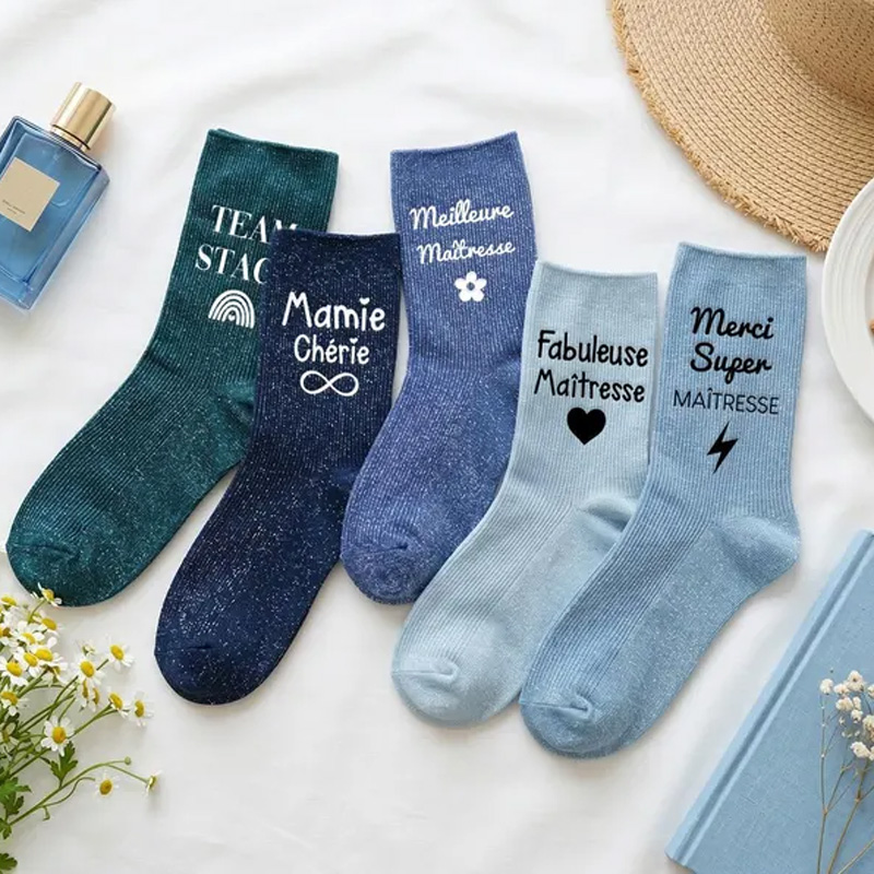 Personalized Teacher Appreciation Gift Merci Super Maitresse Maman Combative Merveilleuse Maitresse Cute Cozy Glitter Socks