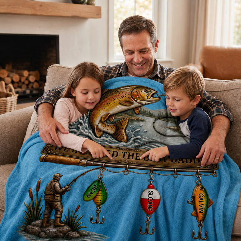 Personalized We Hooked The Best Papa Soft Throw Blanket with Name Home Decor Custom Father's Day Birthday Gift for Dad Grandpa Fishing Lover