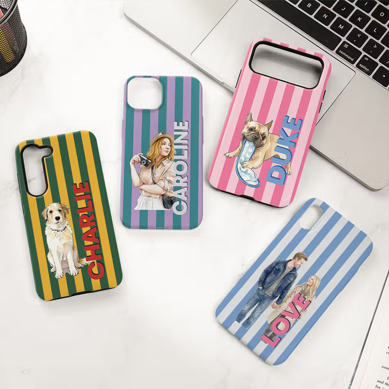 Personalized Retro Stripe Photo Phone Case for iPhone with Name Daily Use Birthday Gift for Family Friend