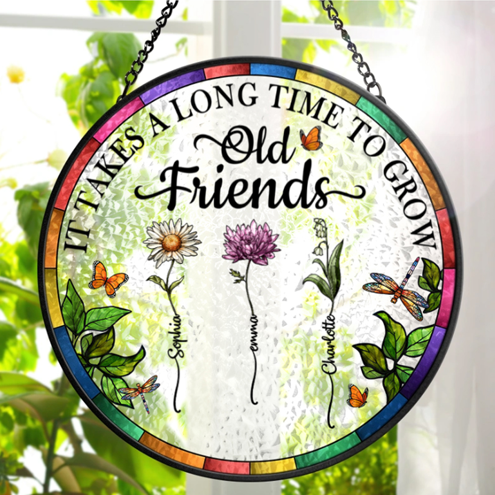  Personalized Stained Glass Window Hanging Suncatcher Birth Flower Grow An Old Friend for Best Friend