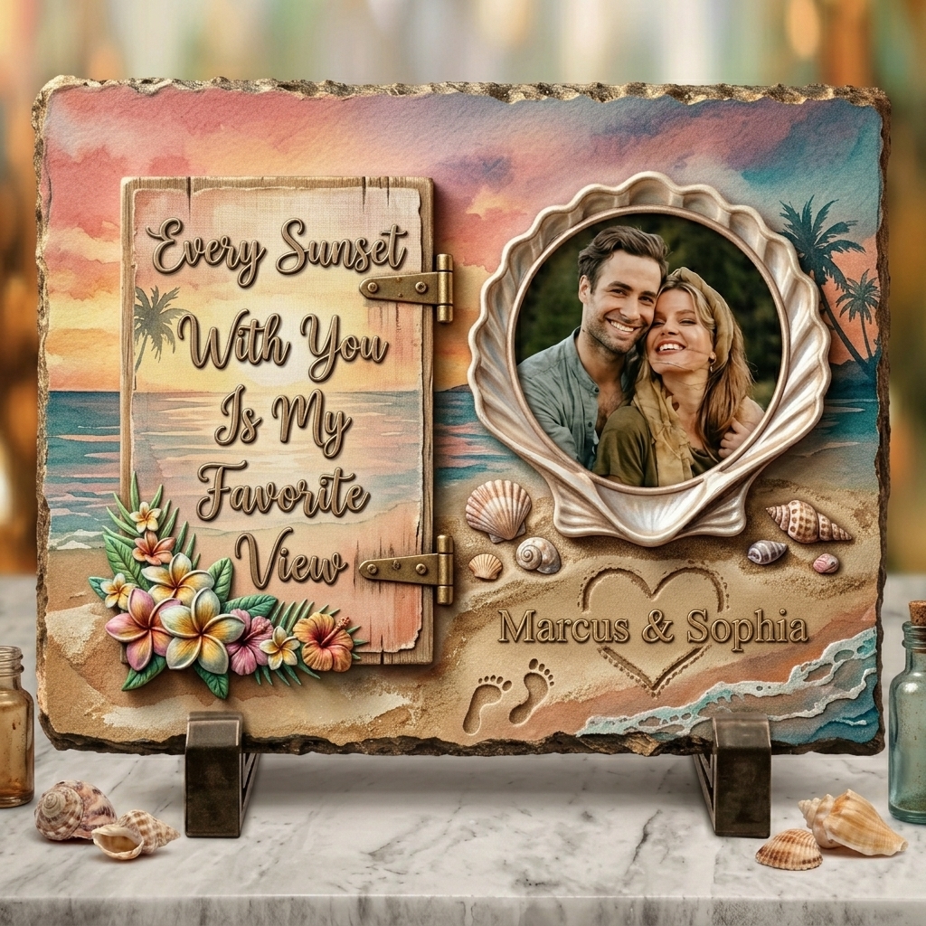 Personalized Beach Sunset Couple Photo Slate Custom Shell Frame Stone Plaque with Stand Every Sunset With You Is My Favorite View Anniversary Gift Romantic Keepsake