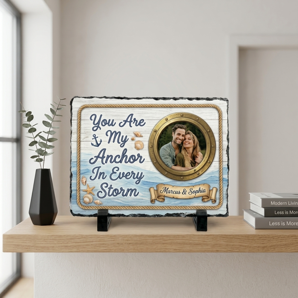 Personalized Nautical Couple Photo Slate  Custom "You Are My Anchor In Every Storm" Stone Plaque with Stand Anniversary Gift Nautical Lover Keepsake