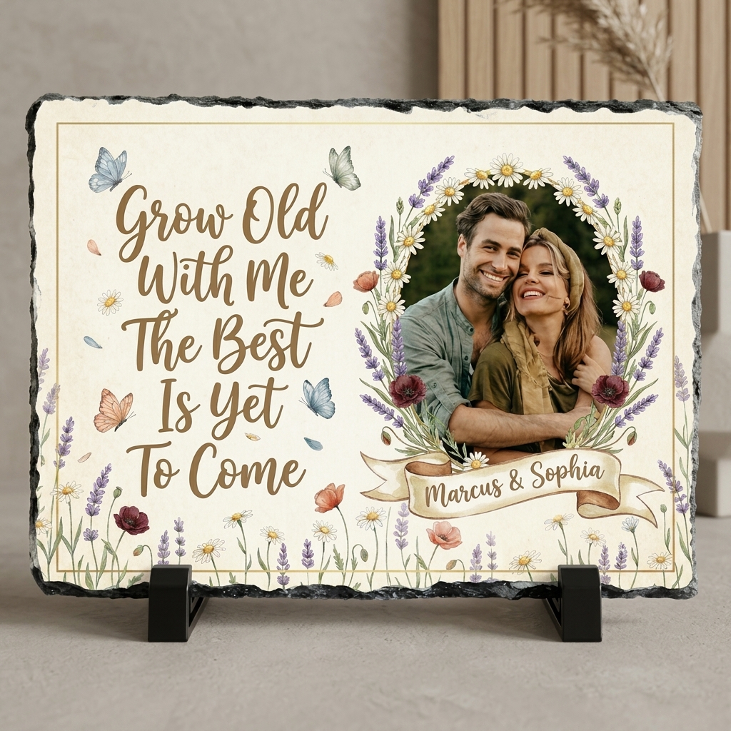 Personalized Watercolor Flower Couple Photo Slate Custom Romantic Quote Stone Plaque Engagement Gift Wedding Keepsake Valentines Gift for Partner