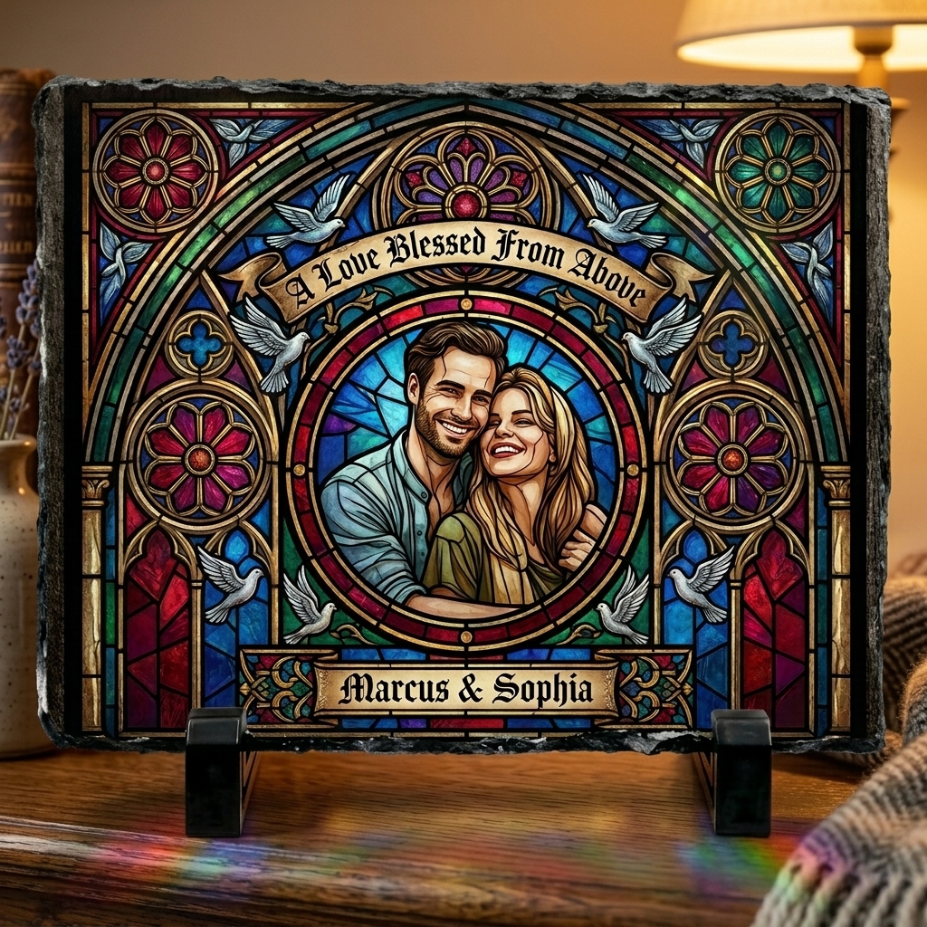 Personalized Stained Glass Style Couple Photo Slate Custom "A Love Blessed From Above" Stone Plaque Wedding Anniversary Gift Romantic Keepsake