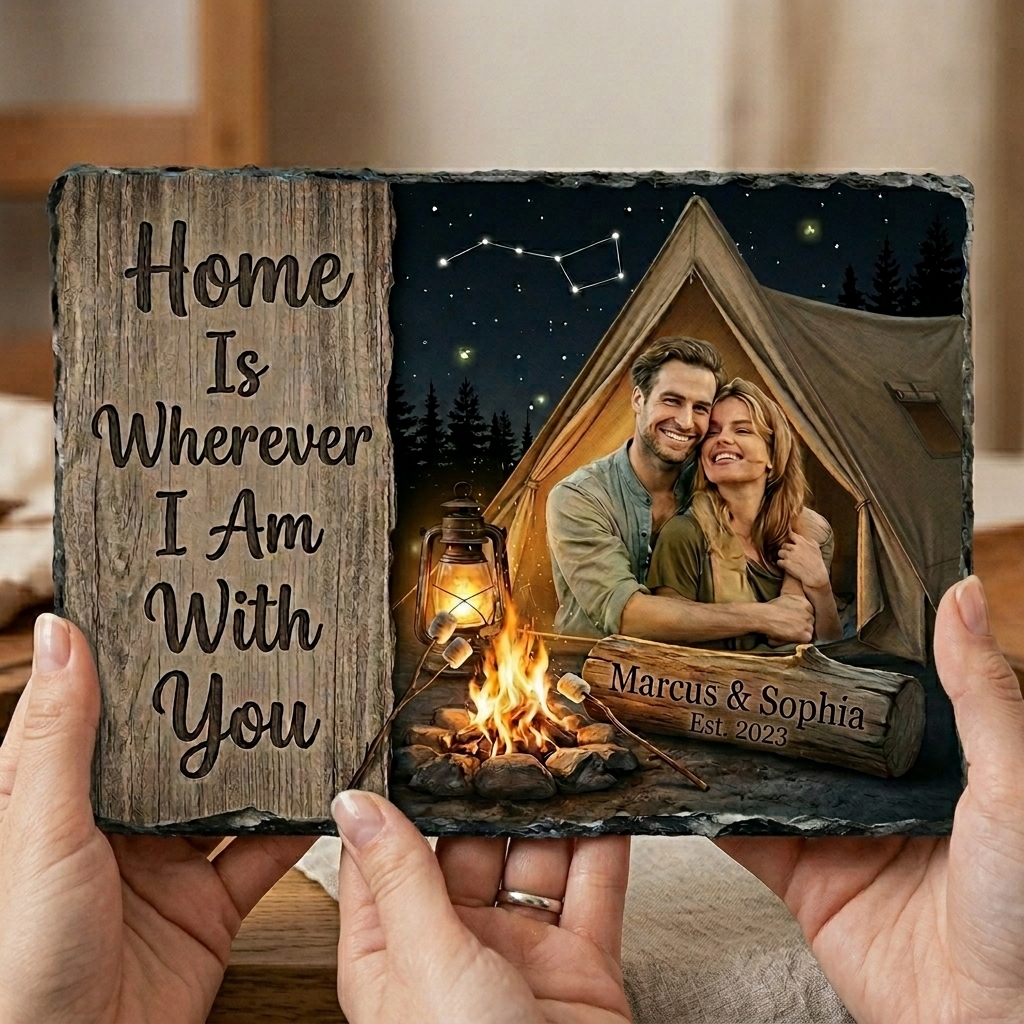 Personalized Camping Couple Photo Slate Custom "Home Is Wherever I Am With You" Stone Plaque Anniversary Gift for Outdoor Lovers