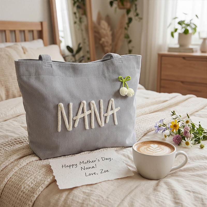 Personalized Gigi Nana Mama Tote Bag Grandma Travel Bag Custom Corduroy Chunky Yarn Name Purse Name Gift for Mom Friend Grandma