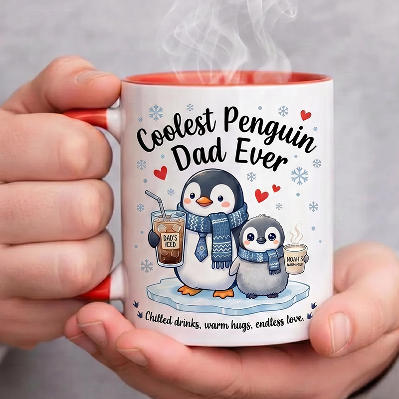 Personalized Dad & Baby Penguin Design 11 oz Ceramic Mug with Name Coolest Penguin Dad Ever Mug Birthday Gift for Dad