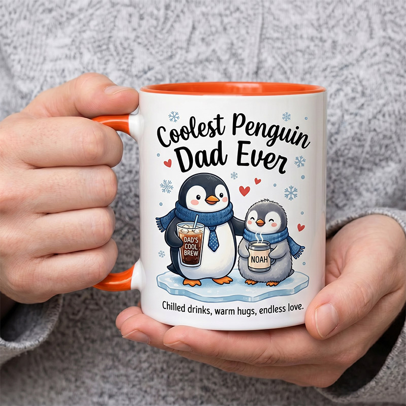 Personalized Dad & Baby Penguin Design 11 oz Ceramic Mug with Name Coolest Penguin Dad Ever Mug Birthday Gift for Dad