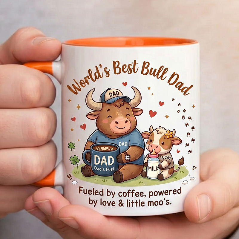Personalized Dad & Baby Cow Design 11 oz Ceramic Mug with Name World’s Best Bull Dad Mug Birthday Gift for Dad