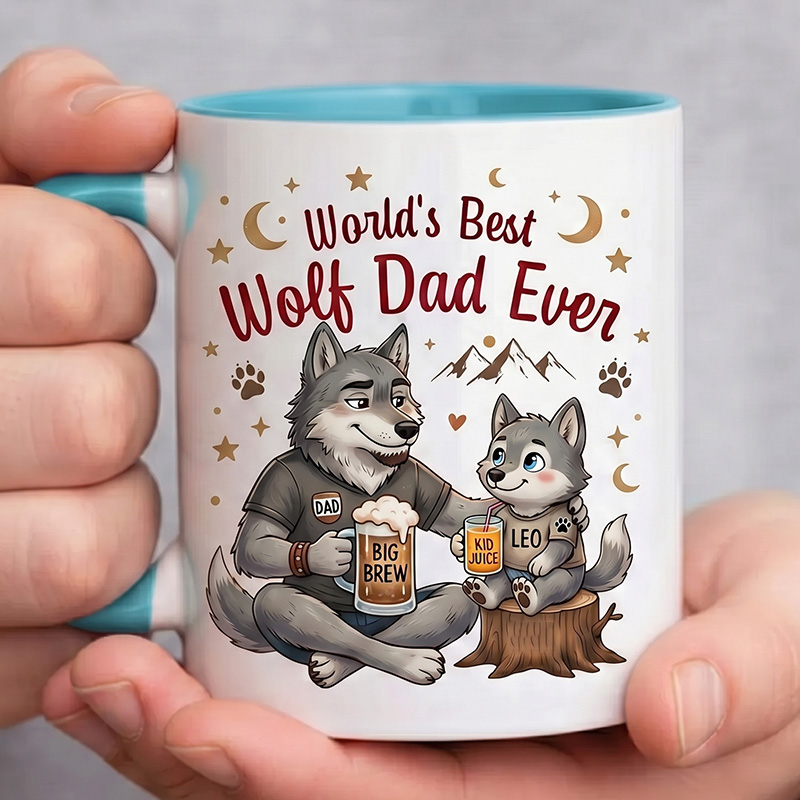 Personalized Dad & Baby Wolf Design 11 oz Ceramic Mug with Name World’s Best Wolf Dad Ever Mug Birthday Gift for Dad