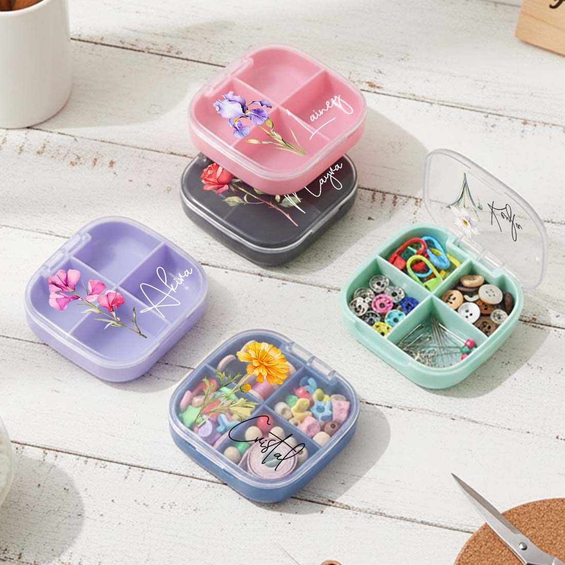 Personalized Knitting Crochet Notions Case Mini Storage Box 4 Compartments Multi Section Stitch Markers Point Protectors Tools Travel Compartments Case Custom Name with Birth Flower Crochet Tool Organizer