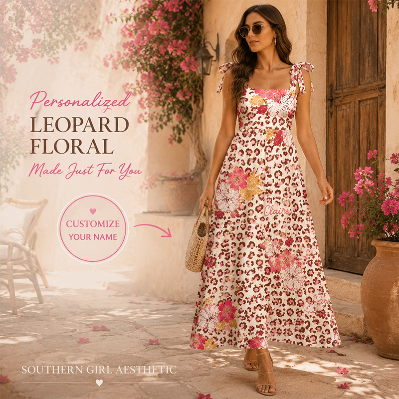 Personalized Leopard Dress Tie-Shoulder with Name Custom Name Summer Vacation Dress Vintage Lace Print Dress Gift for Girlfriend