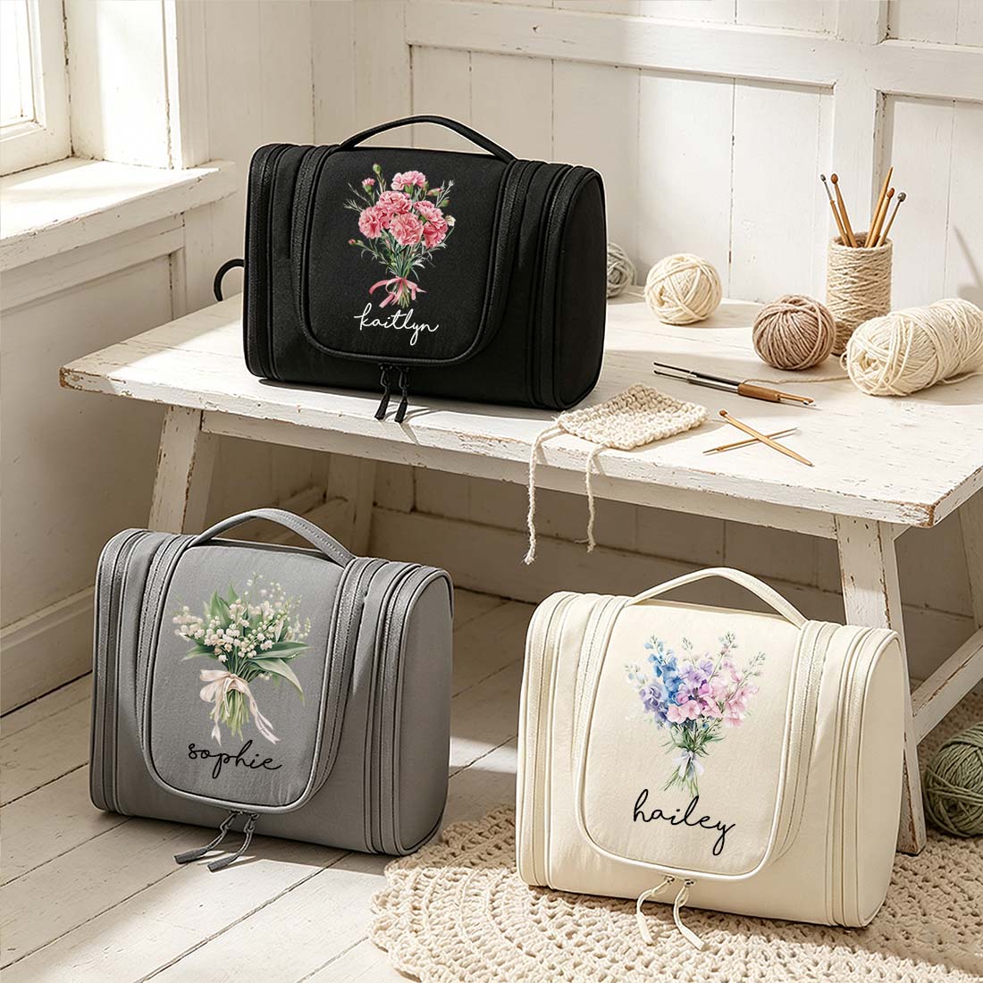 Personalized Crochet Storage Bag Water Resistant Crochet Storage Bag with Hanging Hook Custom Name with Birth Flower Crochet Tool Storage Bag Portable Storage Bag Large Capacity Multiple Pockets Organizer Bag