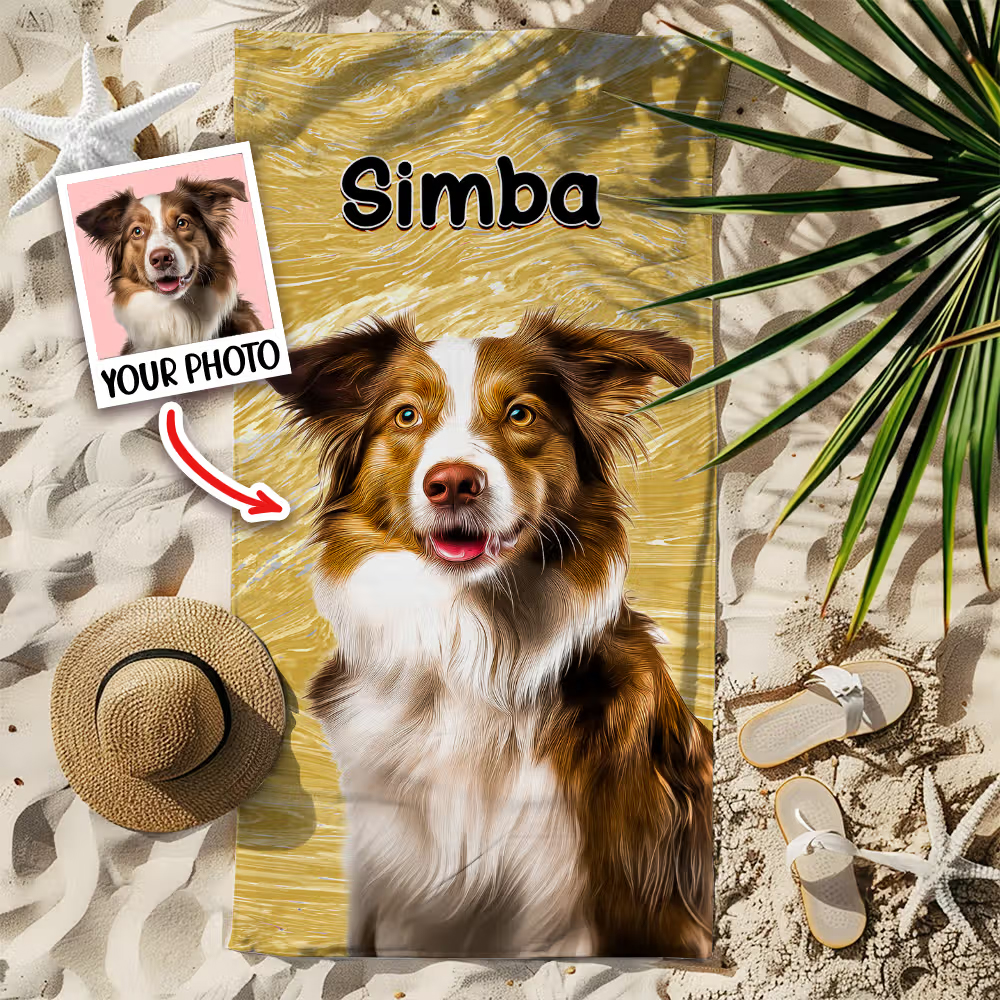 Personalized Pet Portrait Oil Painting Quick Dry Beach Towel with Name Birthday Gift for Pet Lovers