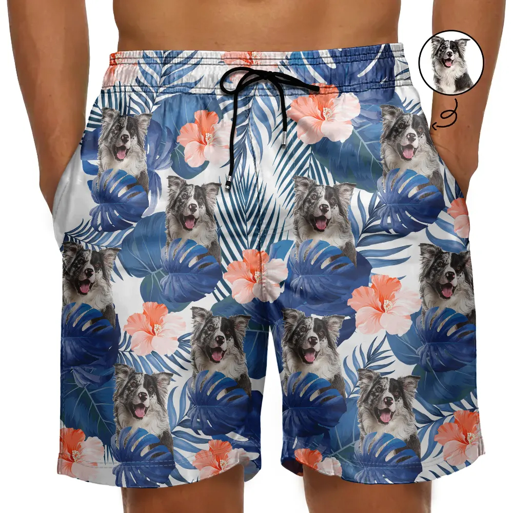 Personalized Unisex Beach Shorts Custom Photo Tropical Leaves Funny Family Pet Face Gift for Pet Lovers