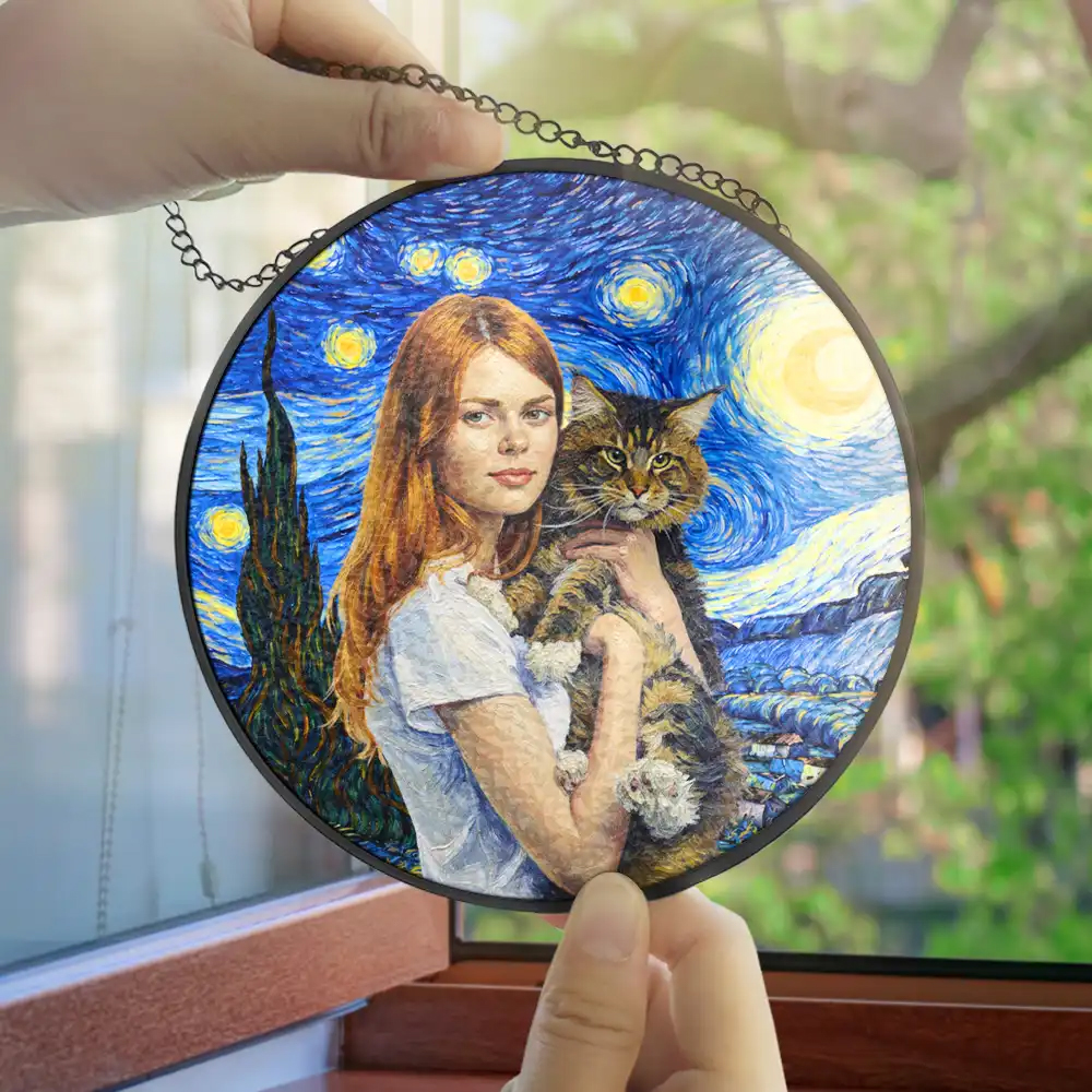Personalized Stained Glass Window Hanging Suncatcher Custom Photo Starry Night Gift for Pet Lover