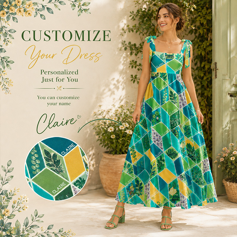 Personalized Tropical Plant Diamond Tile Pattern Tie Shoulder Flowy A Line Long Sundress For European Countryside Travel Couple Holiday