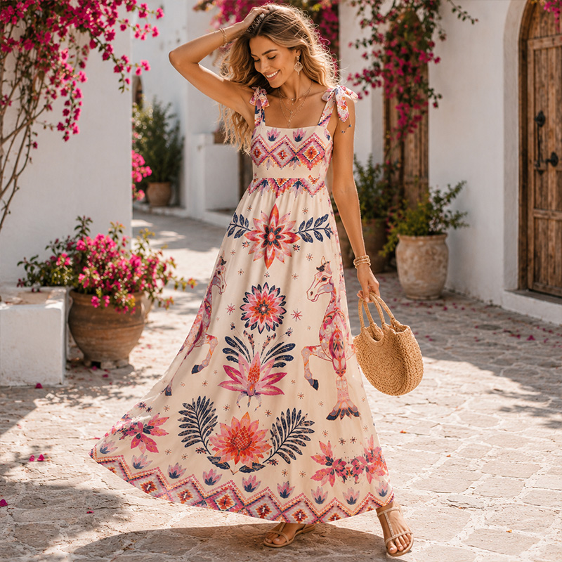Personalized Boho Ethnic Horse Floral Print Bow Tie Strap Sweetheart Neck Maxi Dress For Summer Southwest Vacation Beach Honeymoon